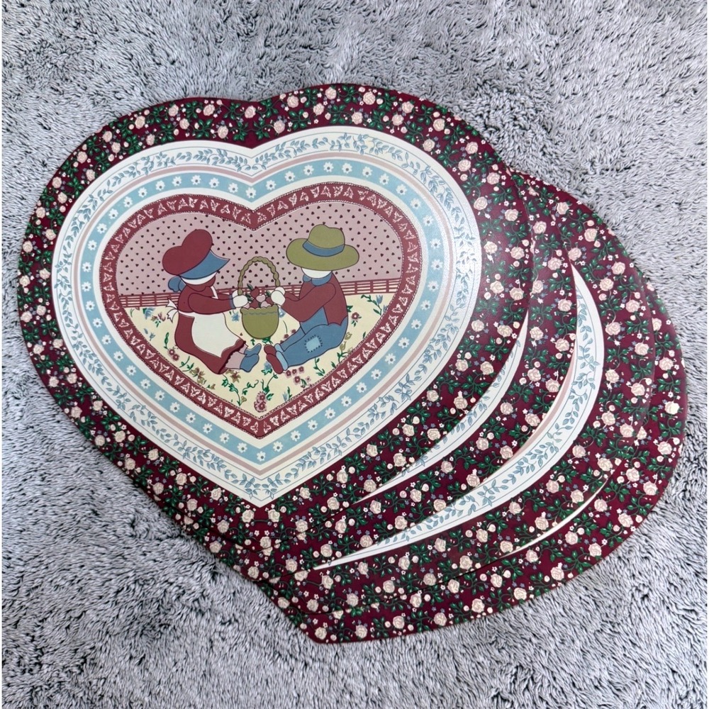 Vintage Town & Country Heart Placemats Set 4 Vinyl Cottagecore Grannycore